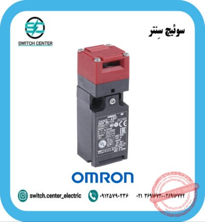 تصویر سوئیچ ایمنی امرون مدل D4NS-4BF با بدنه رزینی و زبانه فعال‌ساز برای درب حفاظتی صنعتی.